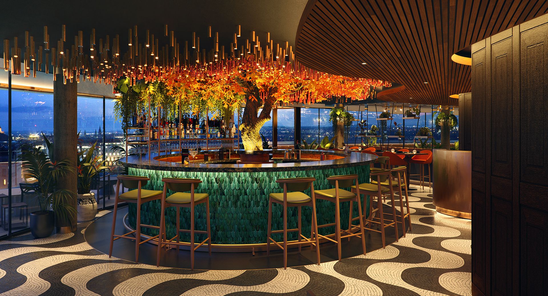 SUSHISAMBA Edinburgh restaurant Bar design with orange tree as a centerpiece