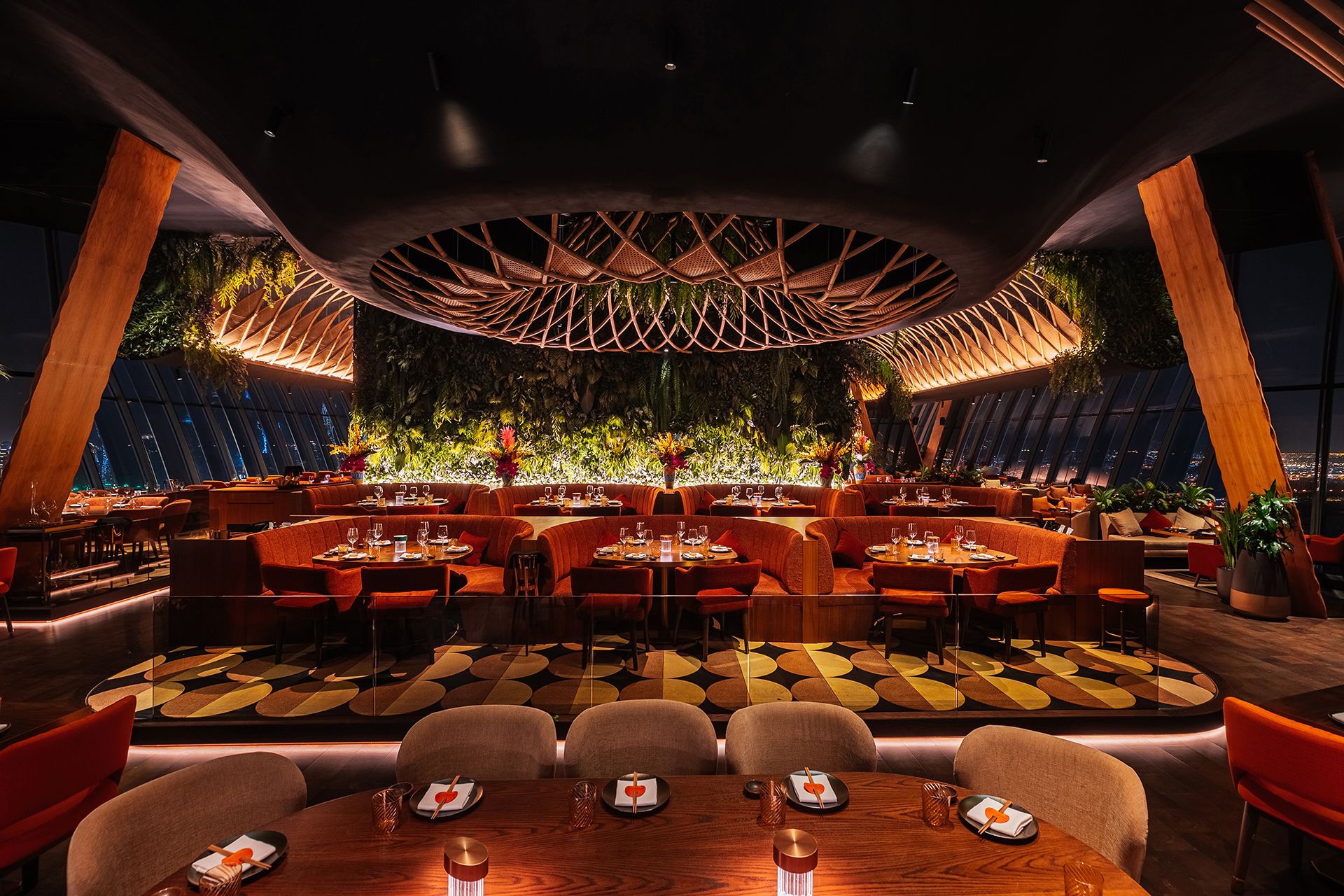 SUSHISAMBA Dubai restaurant dining room and sculptural bamboo ceiling at night