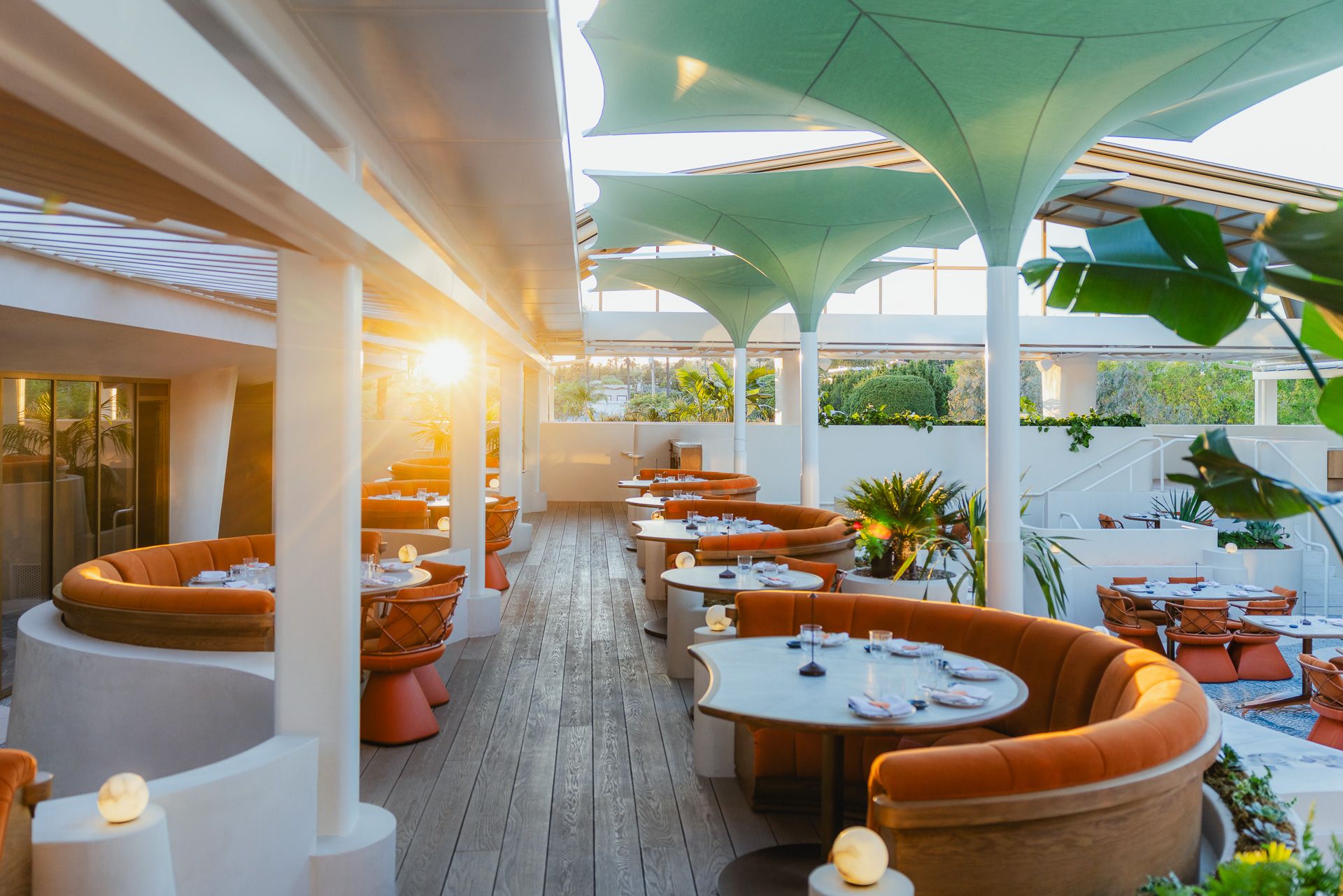 SUSHISAMBA Los Angeles, rooftop restaurant, with a view of the south terrace at sunset