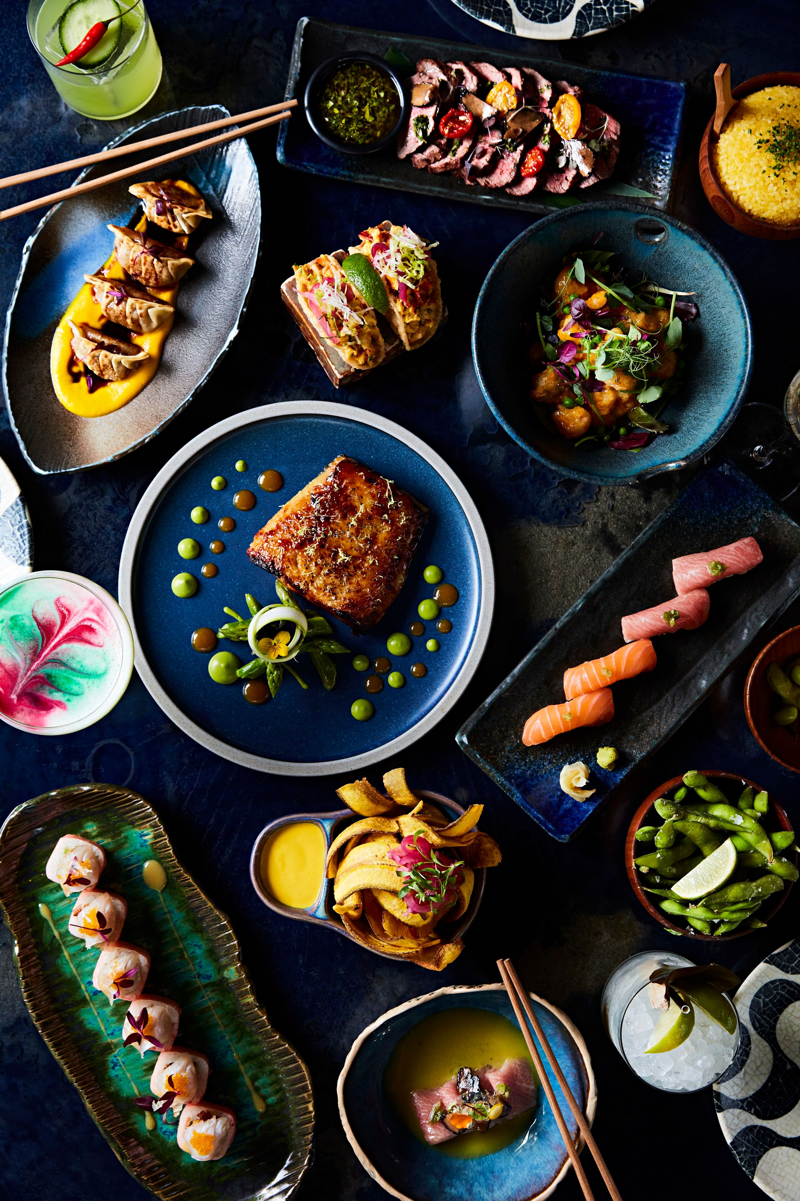 SUSHISAMBA menu assortment with variety of dishes from sushi, gyoza to black cod