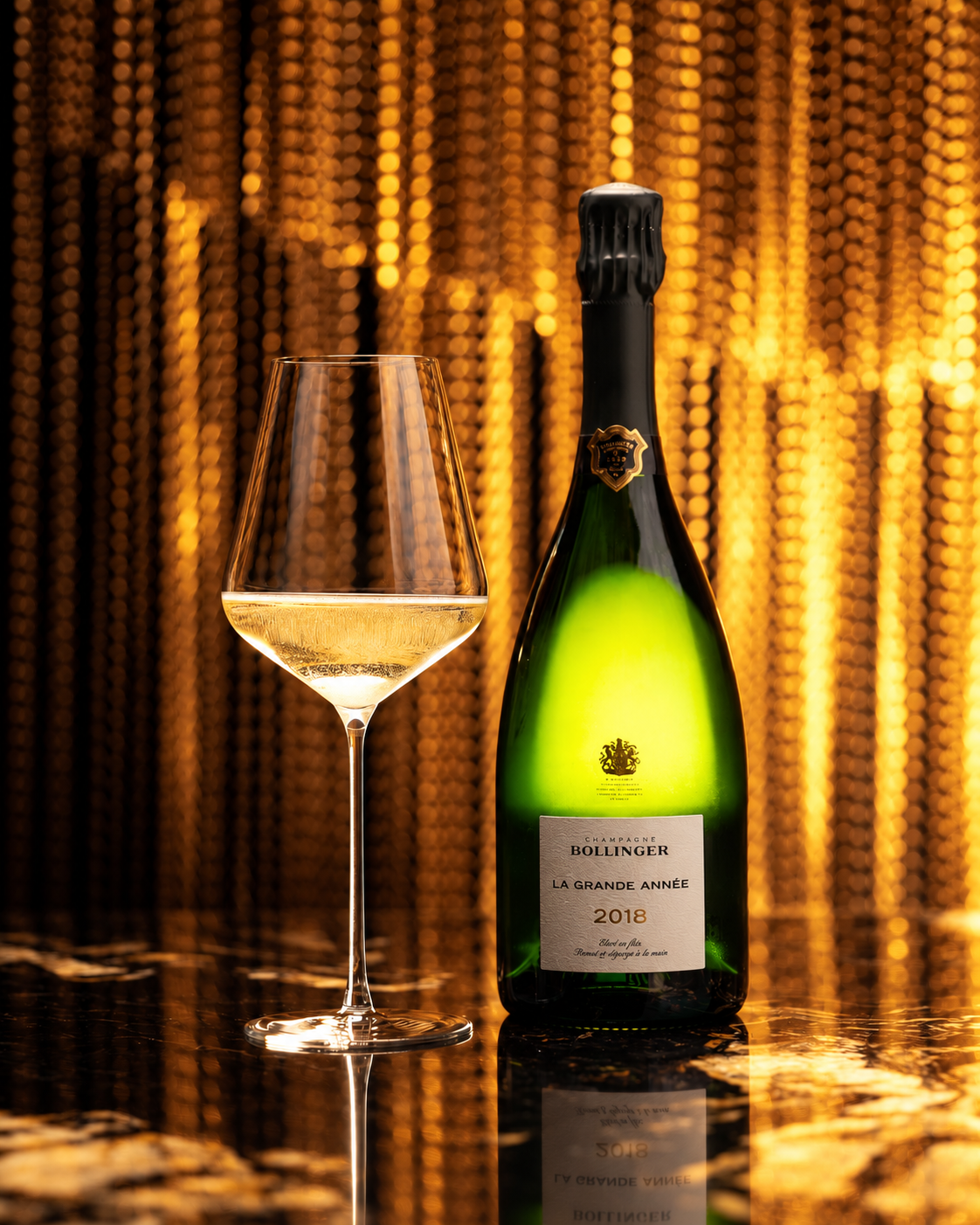 Bollinger Champagne bottle and glass