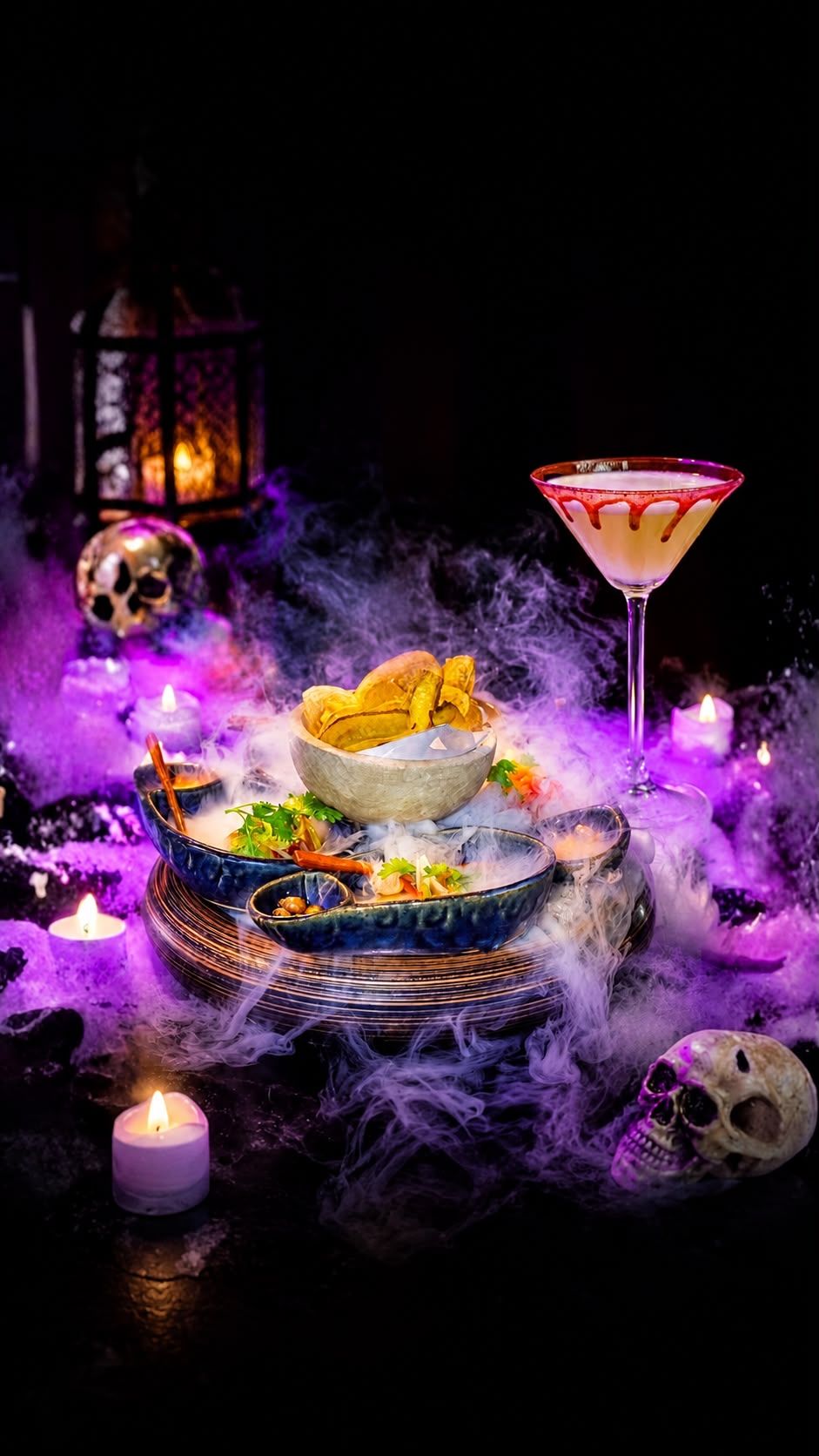 HAUNTED CARNIVAL DRINK, PLANTAIN CHIPS AND OTHER SMALL PLATES WITH SPOOKY BACKDROP
